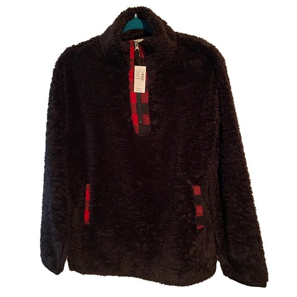 Maurices Tops - Maurices NWT Women's Black Buffalo Plaid Trim Teddy Sherpa Sweatshirt Size XS